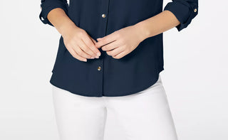 Camisa feminina Charter Club Petite Solid com botões, azul, tamanho pequeno, médio
