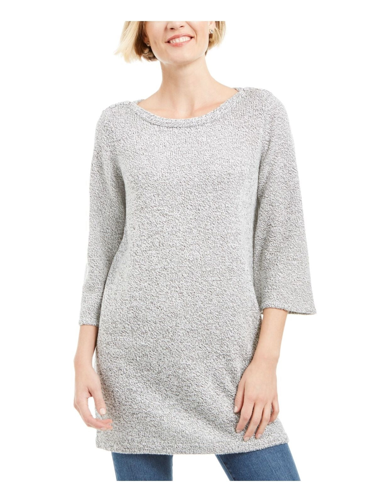 Blusa feminina Karen Scott estampada, manga 3/4, gola redonda, cinza, tamanho médio