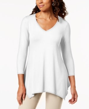 JM Collection Blusa feminina com decote em V e bainha em lenço, branca, tamanho grande