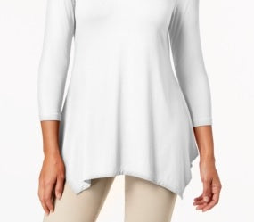 JM Collection Blusa feminina com decote em V e bainha em lenço, branca, tamanho grande