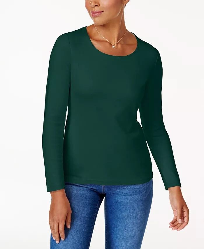 Karen Scott Top feminino de algodão com decote redondo, tamanho G, verde
