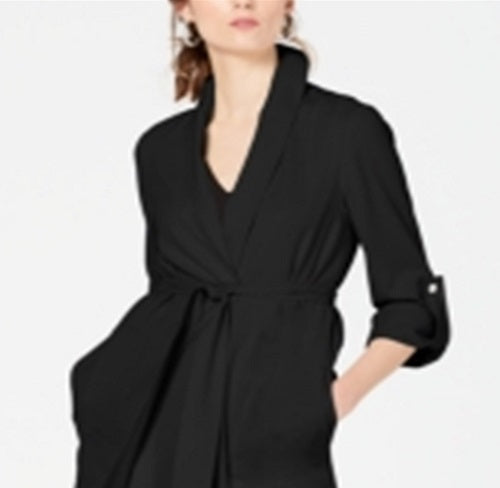 INC International Concepts Casaco longo drapeado com cinto feminino, preto, tamanho extragrande