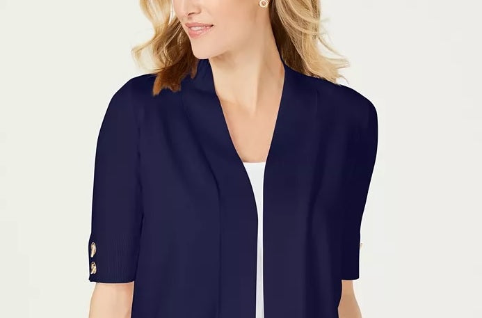 Cardigan feminino JM Collection com frente aberta e mangas curtas, azul, tamanho pequeno