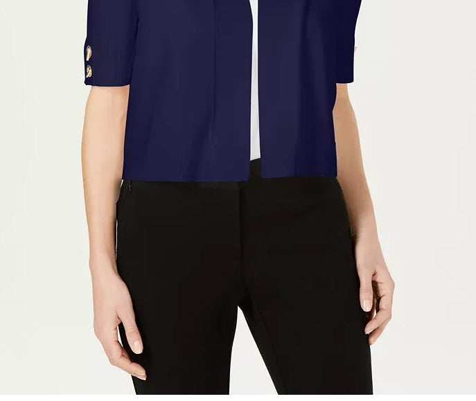 Cardigan feminino JM Collection com frente aberta e mangas curtas, azul, tamanho pequeno