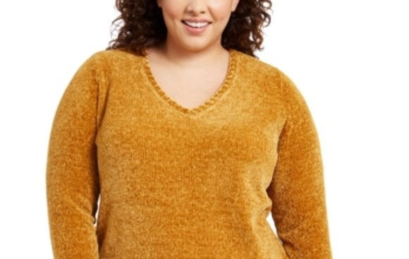 Karen Scott Suéter Feminino Plus Size Gola V Chenille Amarelo Tamanho 1X