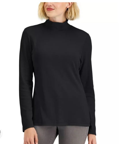 Karen Scott Blusa de algodão com gola alta e manga comprida feminina, preta, tamanho P