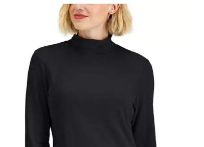 Karen Scott Blusa de algodão com gola alta e manga comprida feminina, preta, tamanho P