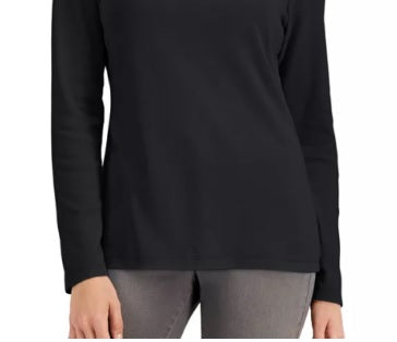 Karen Scott Blusa de algodão com gola alta e manga comprida feminina, preta, tamanho P