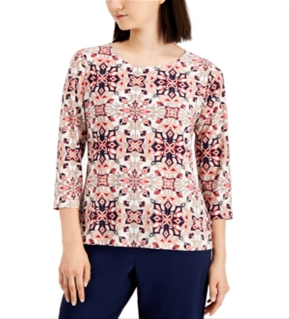 JM Collection Top feminino com estampa geométrica e decote redondo, rosa, tamanho extragrande
