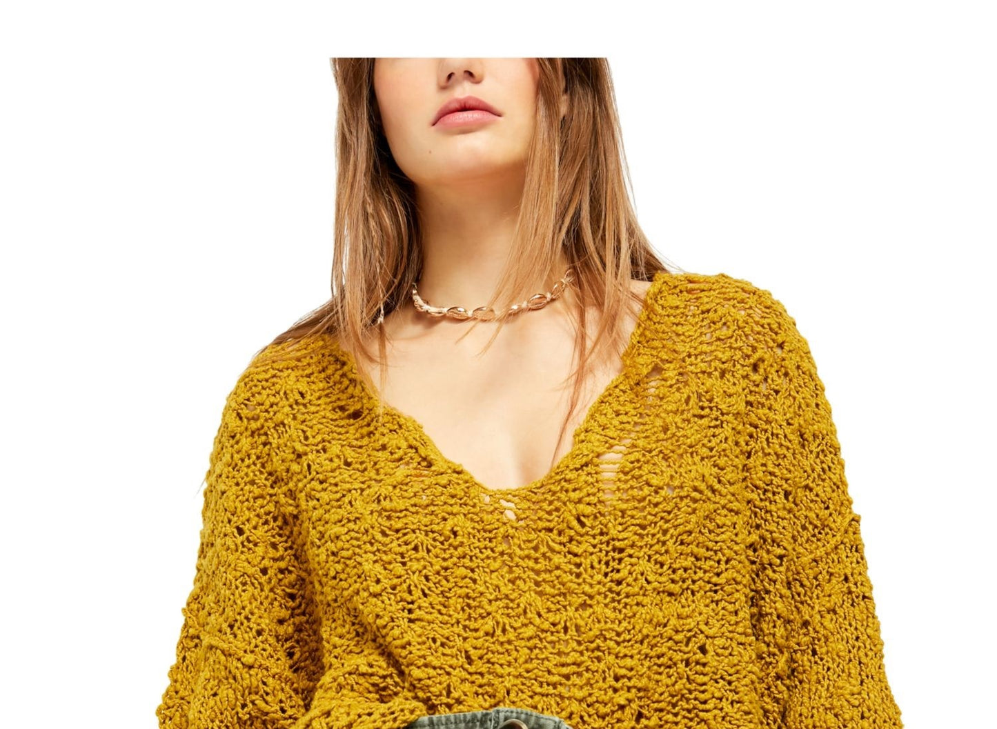 Suéter texturizado com decote em V feminino Free People tamanho amarelo tamanho grande