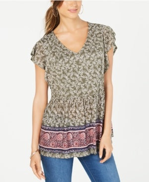 Top peplum estampado com mangas esvoaçantes feminino Style &amp; Co, verde, tamanho PP