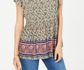 Top peplum estampado com mangas esvoaçantes feminino Style &amp; Co, verde, tamanho PP