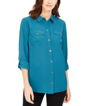 Camisa feminina Charter Club com dois bolsos, verde, tamanho médio