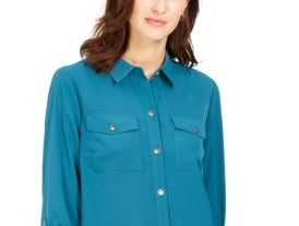 Camisa feminina Charter Club com dois bolsos, verde, tamanho médio