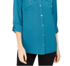 Camisa feminina Charter Club com dois bolsos, verde, tamanho médio
