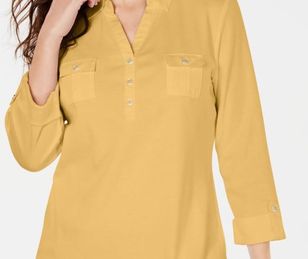 Blusa feminina Karen Scott com decote dividido e tecido laranja, tamanho pequeno