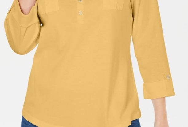 Blusa feminina Karen Scott com decote dividido e tecido laranja, tamanho pequeno