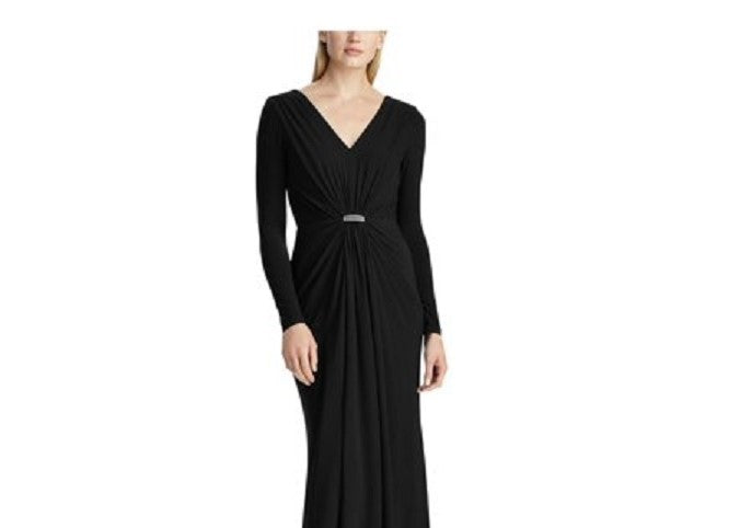 Vestido de noite longo com strass e decote em V, manga comprida, estilo flare, Ralph Lauren, preto, tamanho 12