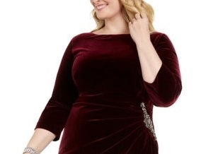 Vestido formal feminino Alex Evenings com zíper e manga 3/4, decote em joia, comprimento até o joelho, tamanho vinho 22W