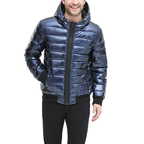 Jaqueta bomber masculina DKNY acolchoada de nylon perolado com capuz, roxa, tamanho médio