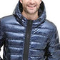 Jaqueta bomber masculina DKNY acolchoada de nylon perolado com capuz, roxa, tamanho médio
