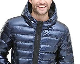 Jaqueta bomber masculina DKNY acolchoada de nylon perolado com capuz, roxa, tamanho médio