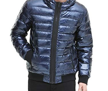 Jaqueta bomber masculina DKNY acolchoada de nylon perolado com capuz, roxa, tamanho médio