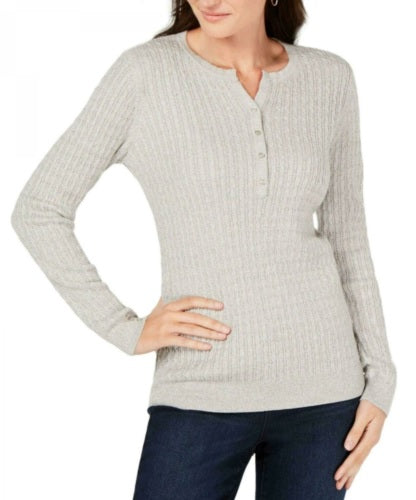 Karen Scott Suéter Henley de malha trançada de algodão feminino, tamanho G, cinza