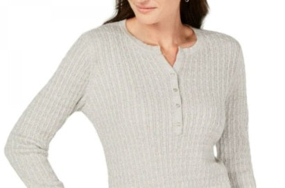 Karen Scott Suéter Henley de malha trançada de algodão feminino, tamanho G, cinza