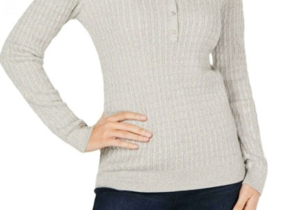 Karen Scott Suéter Henley de malha trançada de algodão feminino, tamanho G, cinza