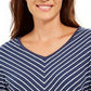 Karen Scott Blusa feminina listrada com manga 3/4 e decote em V, azul, tamanho pequeno e pequeno