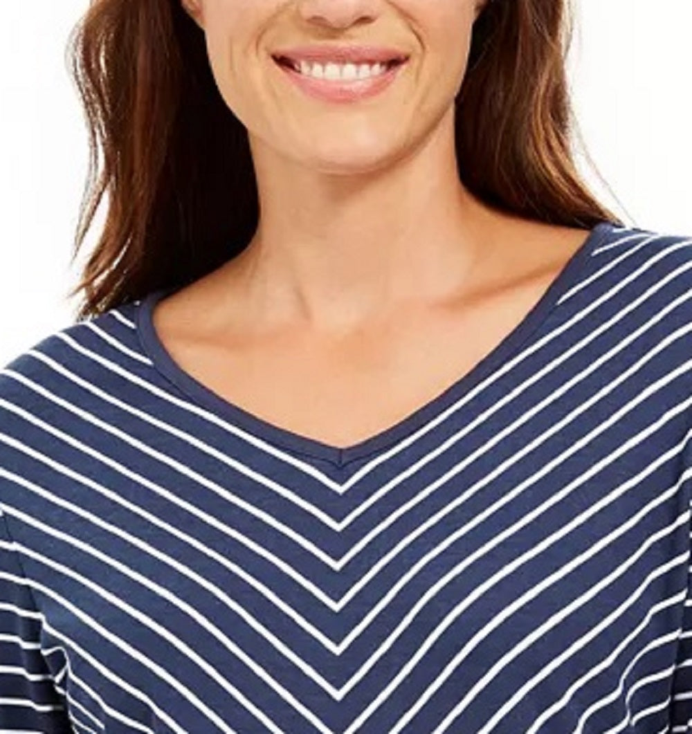 Karen Scott Blusa feminina listrada com manga 3/4 e decote em V, azul, tamanho pequeno e pequeno