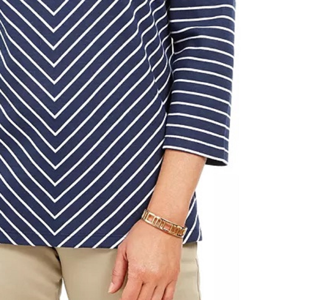 Karen Scott Blusa feminina listrada com manga 3/4 e decote em V, azul, tamanho pequeno e pequeno