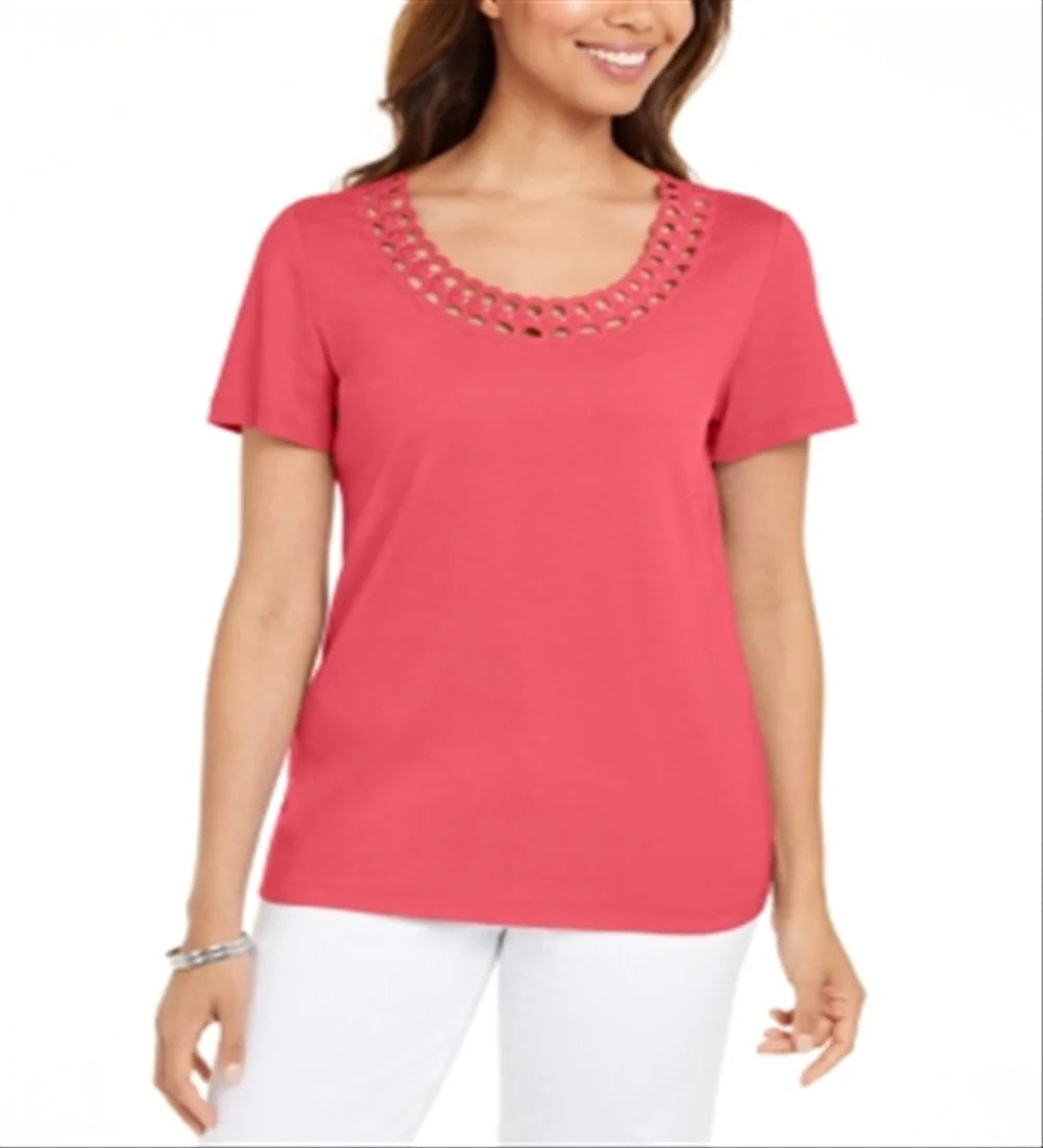 Camiseta feminina Karen Scott de algodão com gola recortada, rosa, tamanho XX-G