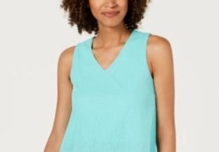 Blusa feminina Alfani Petite com decote em V e acabamento em camadas, azul, tamanho P