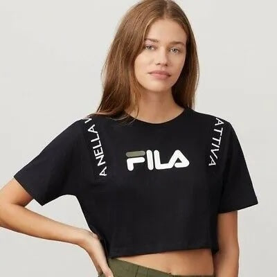Camiseta curta feminina Fila Appoline de algodão, preta, tamanho grande