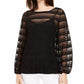 Blusa feminina Alfani Petite Sheer-Stripe com manga balão, preta, tamanho pequeno médio