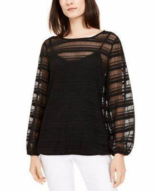 Blusa feminina Alfani Petite Sheer-Stripe com manga balão, preta, tamanho pequeno médio