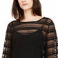 Blusa feminina Alfani Petite Sheer-Stripe com manga balão, preta, tamanho pequeno médio