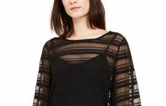 Blusa feminina Alfani Petite Sheer-Stripe com manga balão, preta, tamanho pequeno médio