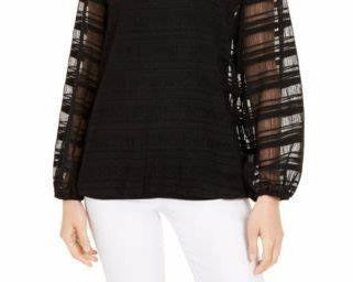 Blusa feminina Alfani Petite Sheer-Stripe com manga balão, preta, tamanho pequeno médio