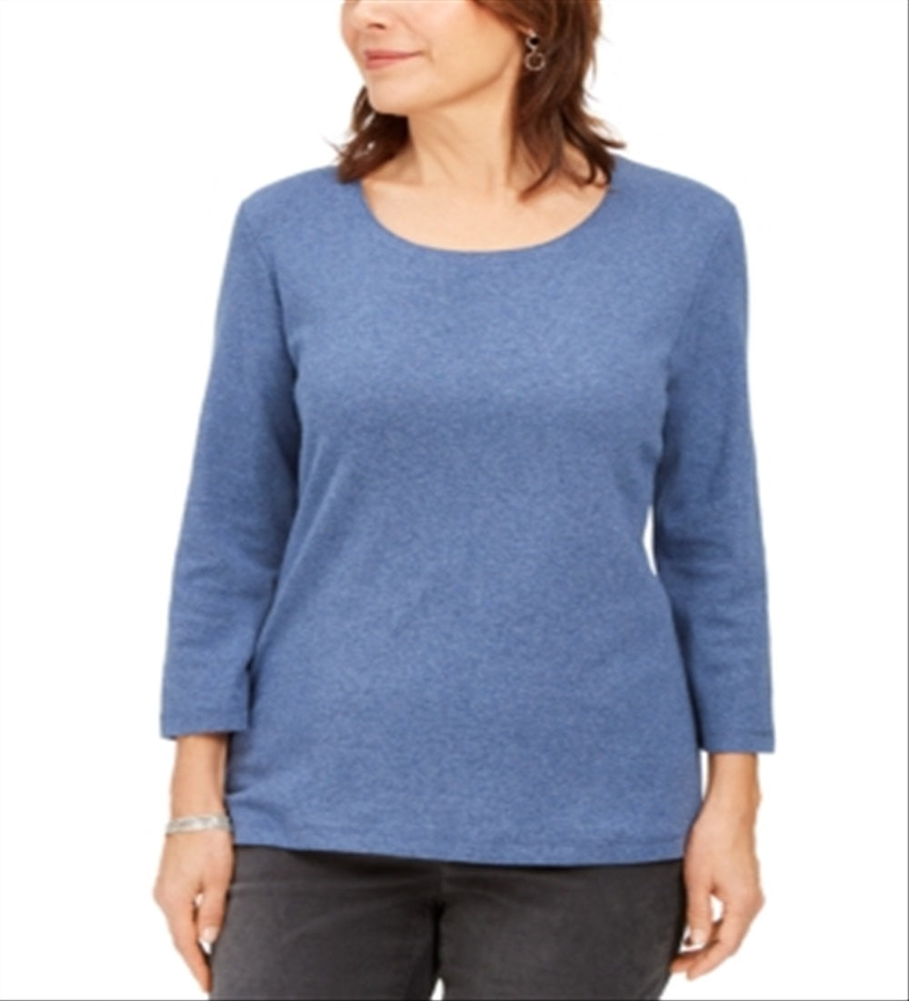Karen Scott Blusa feminina de algodão com decote redondo, azul, tamanho pequeno GG