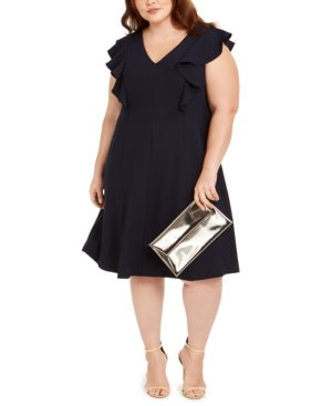 Vestido feminino Jessica Howard com decote redondo e manga curta, comprimento até o joelho, azul, tamanho 18W