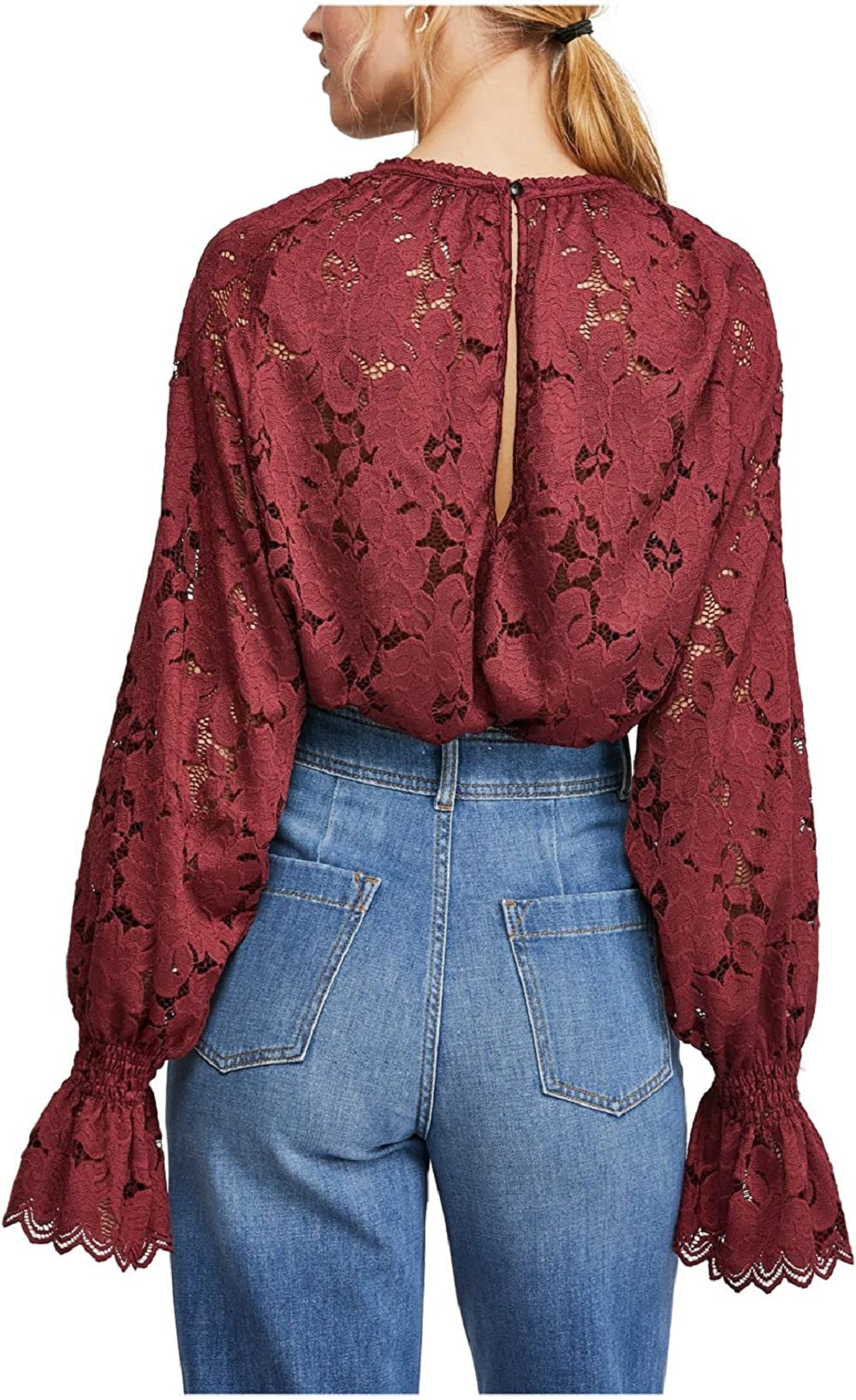 Camiseta feminina de renda Olivia da Free People, vermelha, tamanho médio