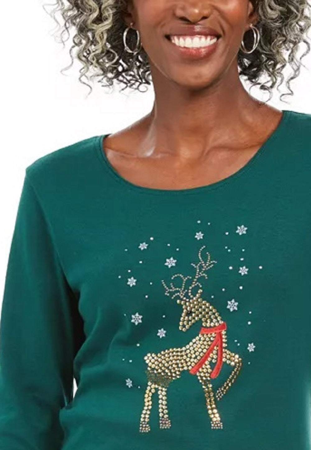 Blusa feminina Karen Scott com decote redondo e estampa de veado, verde, tamanho PSM