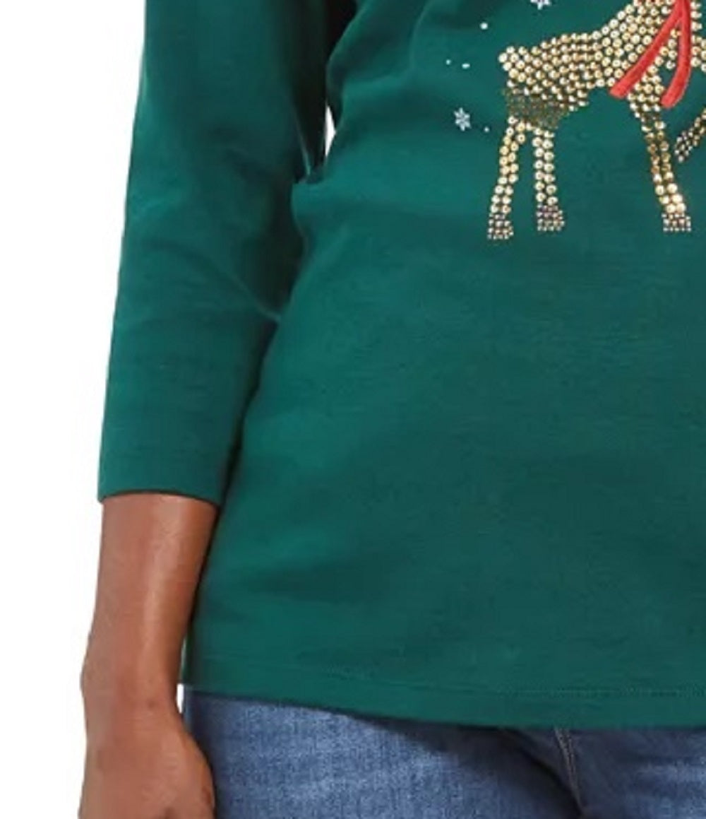 Blusa feminina Karen Scott com decote redondo e estampa de veado, verde, tamanho PSM