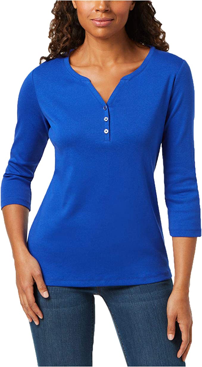 Camisa Henley de algodão feminina Karen Scott, azul escuro, tamanho pequeno e pequeno