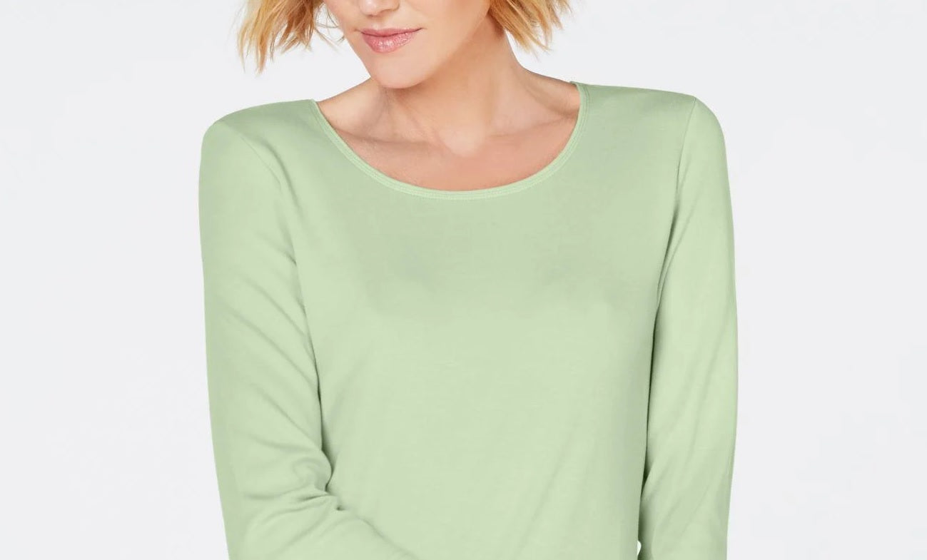 Karen Scott Blusa de algodão feminina com decote redondo, verde, tamanho pequeno e pequeno