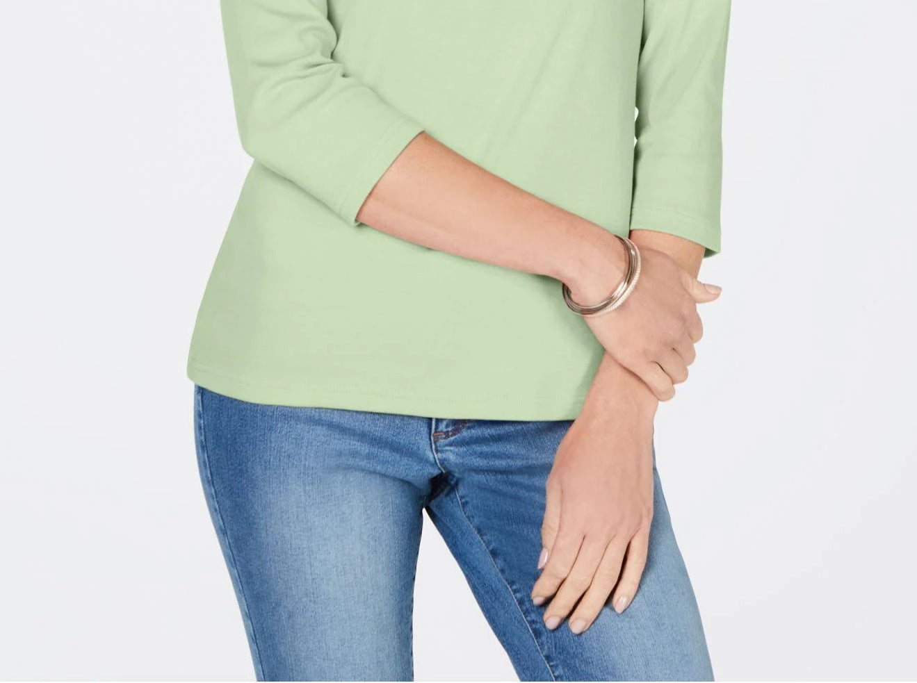 Karen Scott Blusa de algodão feminina com decote redondo, verde, tamanho pequeno e pequeno