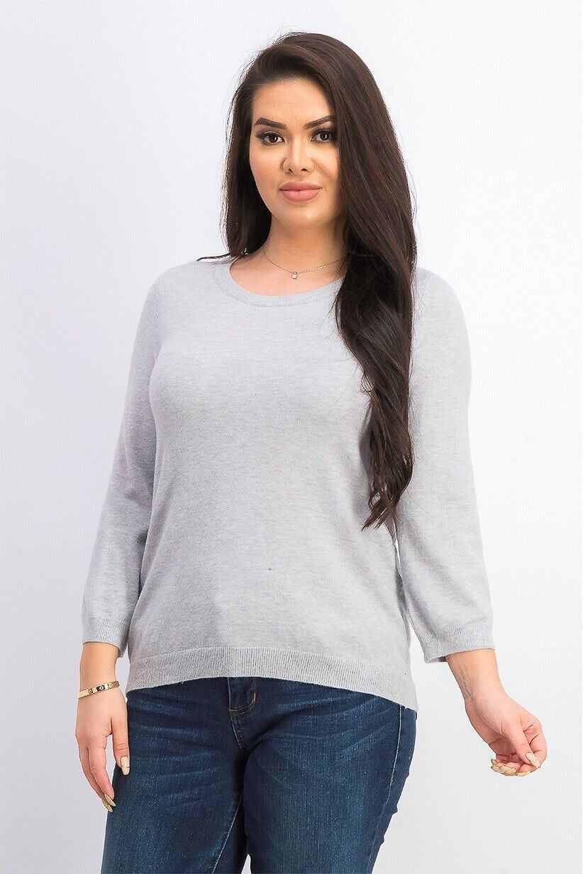 Suéter feminino Maison Jules com gola redonda e manga 3/4, cinza, tamanho 2XL